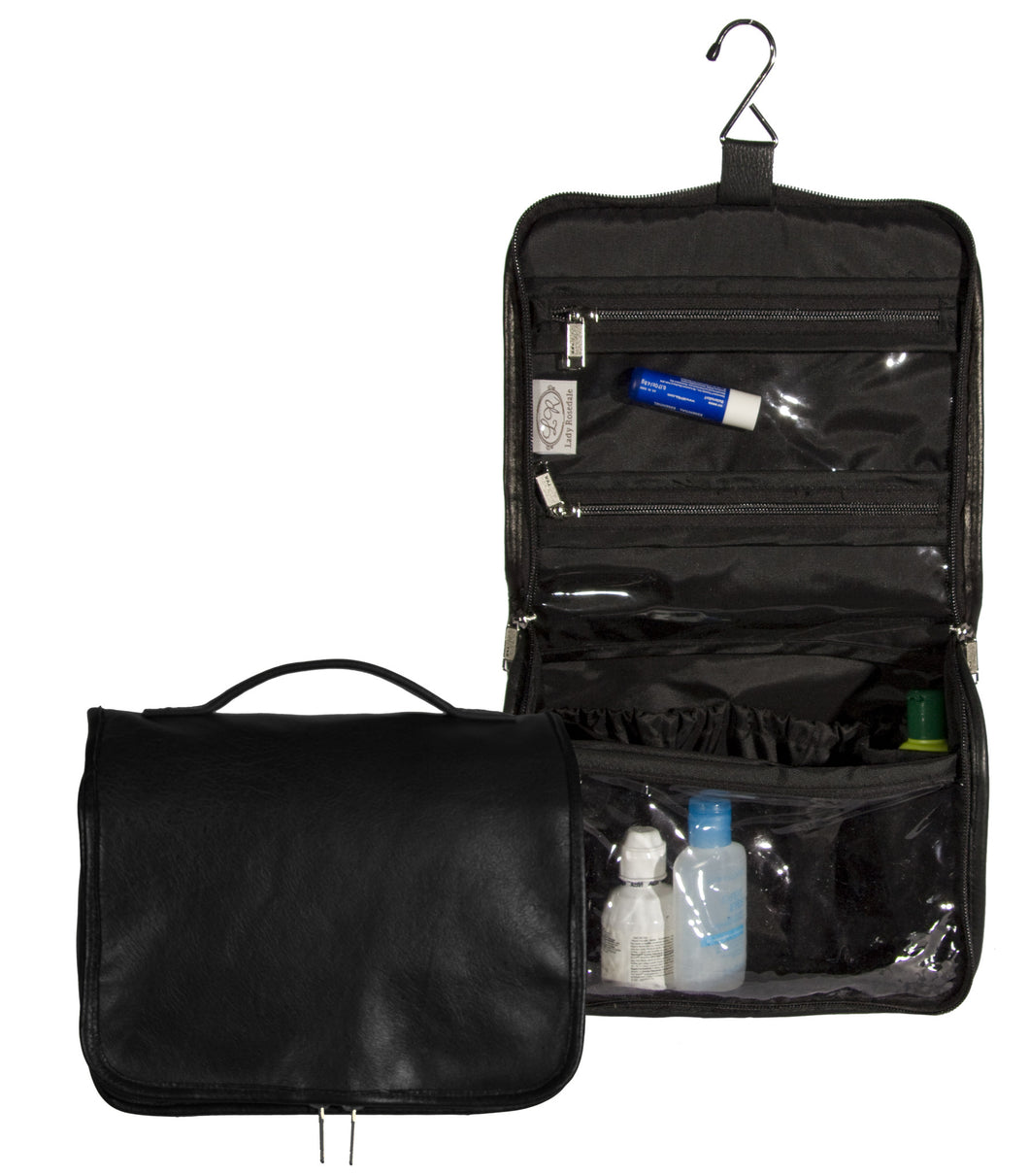L955-13 Ultimate Hangup Authentic Black Leather, Comes with Hanger and double Zipper for easy travelling and to keep everything contained. Part of the Cosmetic and Travel Collection 10.5