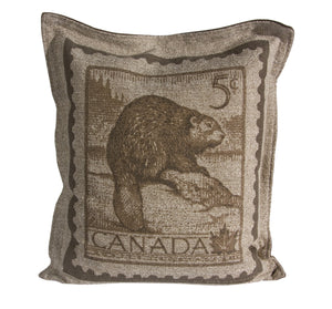 L961-BEAVR 20"x22" Pillow with Zippered Feather Insert the Beaver Stamp printed Image with a Flanged edge part of the Lady Rosedale Vintage Canadiana Collection